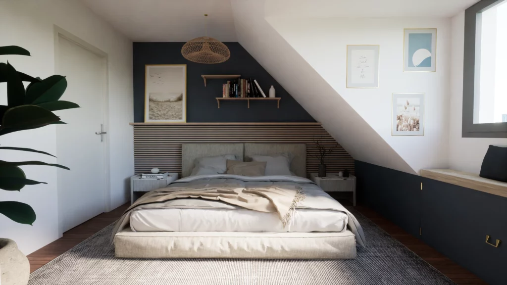 Chambre parentale cosy sous combles, avec lit bas, mur bleu nuit, étagères murales et touches décoratives naturelles.