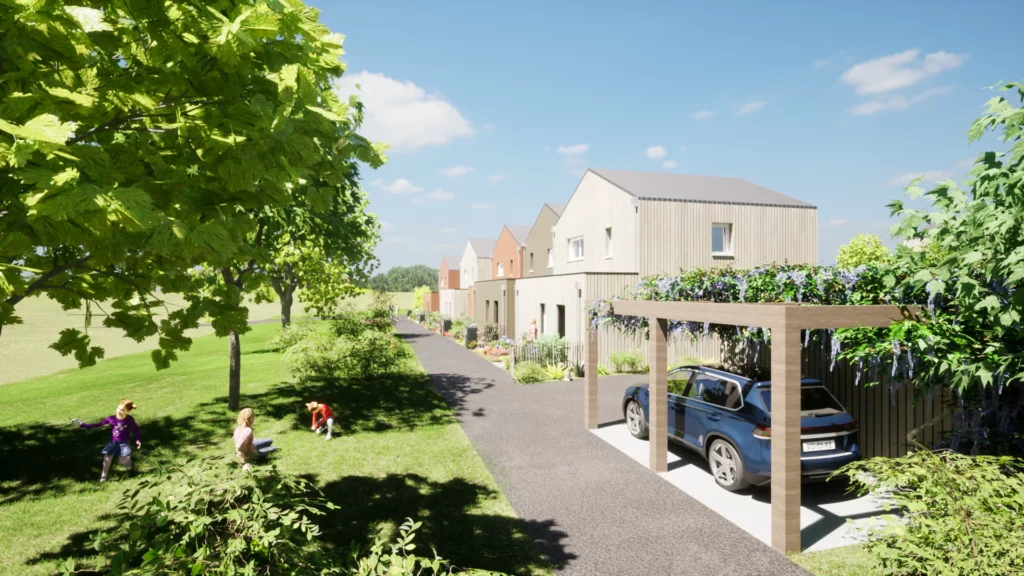 Voisinage verdoyant avec maisons modernes, allée arborée, parking avec pergola fleurie, enfants jouant sur la pelouse.