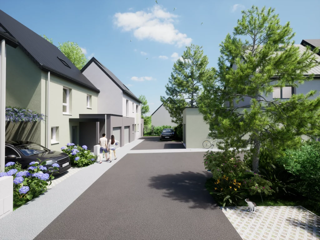 Voie résidentielle bordée de maisons modernes et d'espaces verts, avec un couple marchant et un chat se reposant.