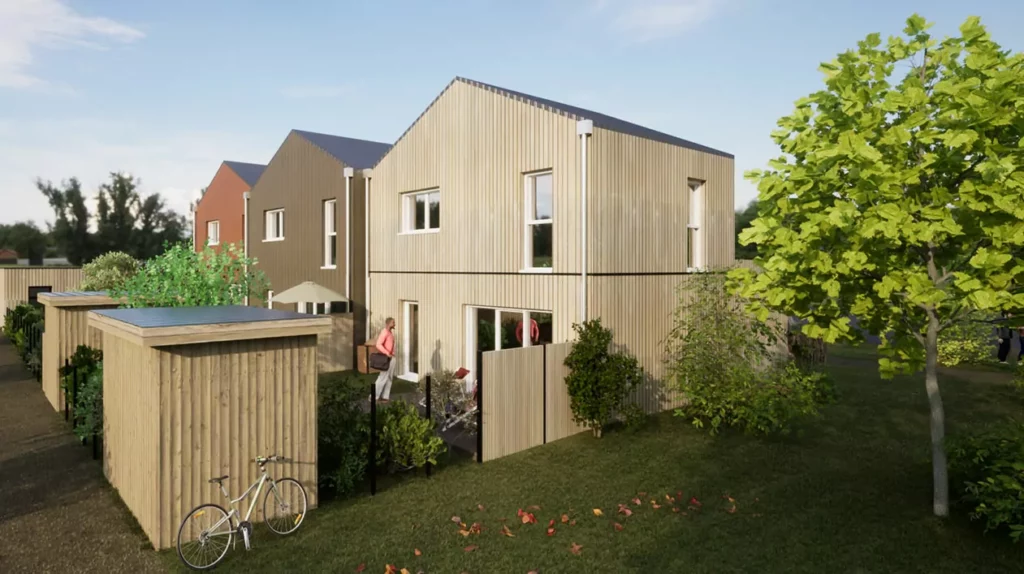 Maisons en bois avec abri de jardin, environnement verdoyant, parfait pour un mode de vie écologique et serein.