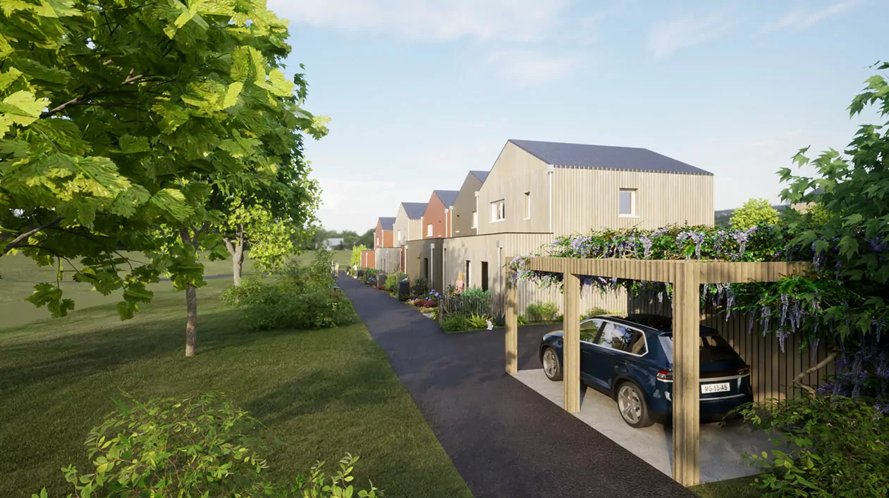 Voisinage verdoyant avec maisons modernes, allée arborée, parking avec pergola fleurie, enfants jouant sur la pelouse. Miniature