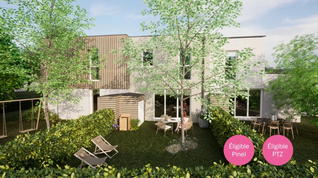 Maison contemporaine avec jardin verdoyant, terrasse aménagée, jeux pour enfants, éligible aux dispositifs Pinel et PTZ.