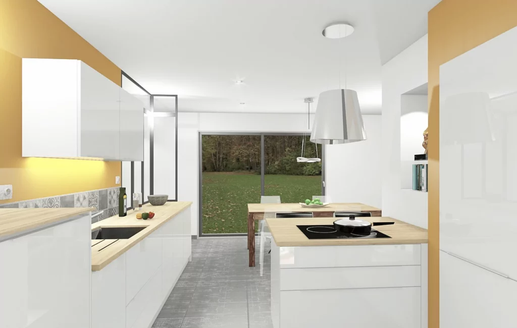 Cuisine contemporaine avec touches de jaune éclatant et plan de travail en bois clair. Un espace lumineux et convivial, idéal pour cuisiner et recevoir.