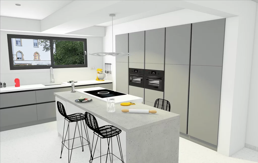 Cuisine minimaliste aux tons gris et blancs, avec un îlot central en finition béton. Design épuré et lumineux, parfait pour un espace moderne et fonctionnel.