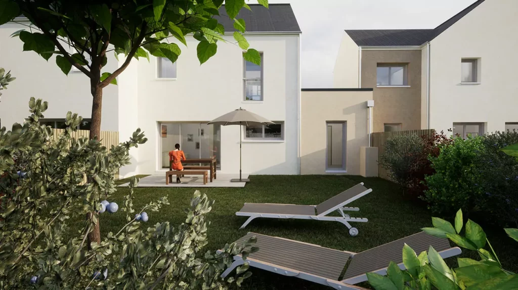 Maison contemporaine avec un jardin aménagé, intégrant une terrasse avec une table et un parasol pour les repas extérieurs. La pelouse est agrémentée de transats pour se détendre, entourée d'arbustes et de verdure, créant un espace de vie extérieur confortable et intime.