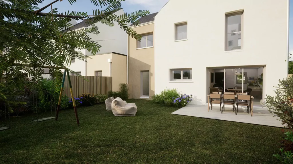 Jardin spacieux avec terrasse aménagée pour repas extérieurs, mobilier confortable, balançoire et végétation luxuriante, attenant à une maison moderne à deux étages.