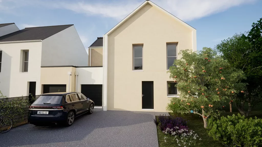 Maison moderne à deux étages avec façade beige, garage intégré, et jardin paysager avec arbre fruitier, sous un ciel dégagé.