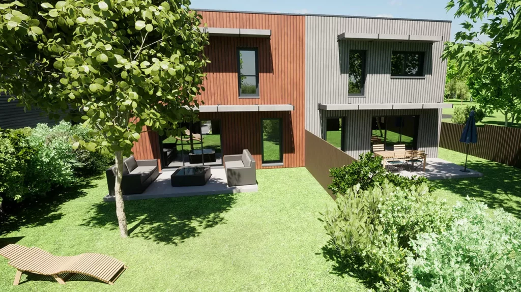 Maison à deux étages en bois avec double terrasse, entourée d’un jardin verdoyant pour un espace de vie extérieur serein.